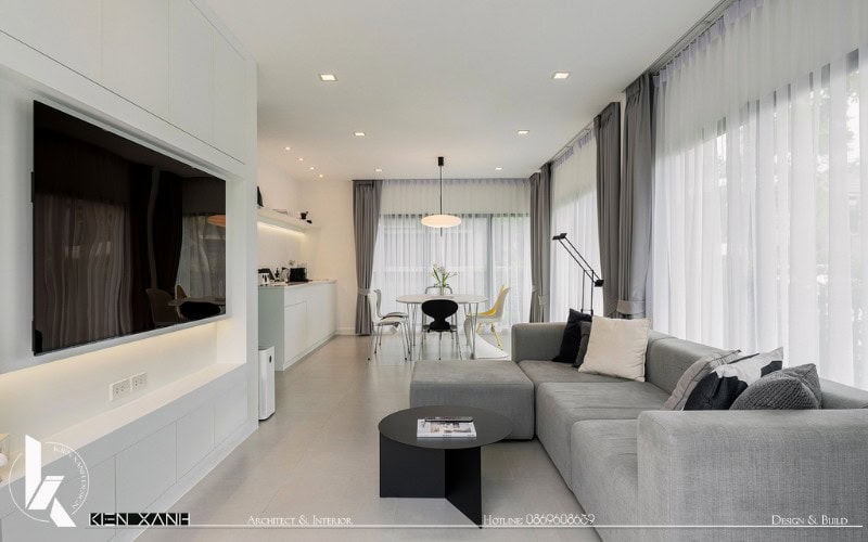 Bộ sofa tối giản cùng bàn trà nhỏ tròn