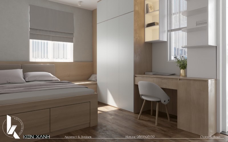 Bàn học được đặt cạnh cửa sổ, tối ưu hóa ánh sáng tự nhiên, tạo không gian học tập thông thoáng