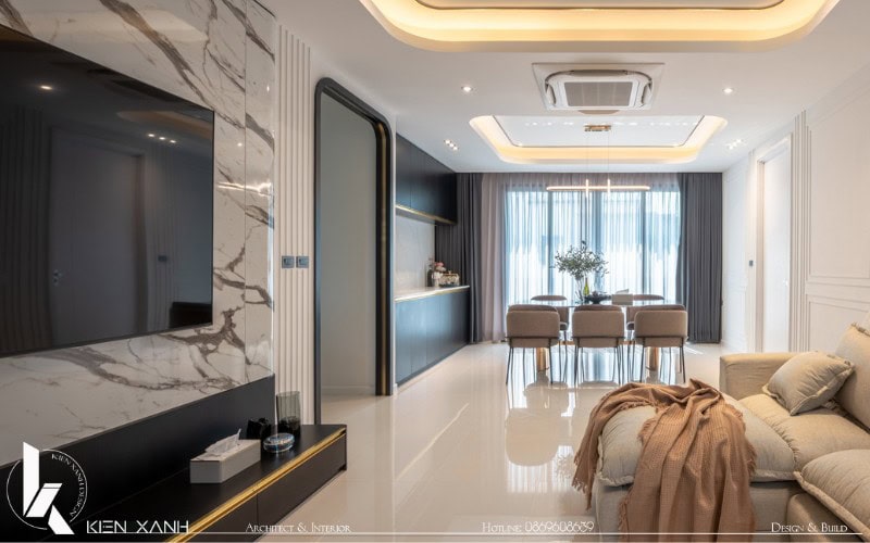 Tông màu trung tính hài hòa với ánh đèn lung linh khiến không gian thêm nổi bật