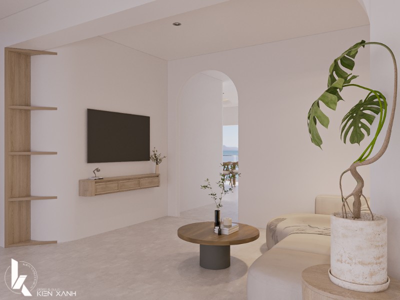 Thiết kế tối giản với bàn gỗ tròn cùng ghế sofa nhỏ