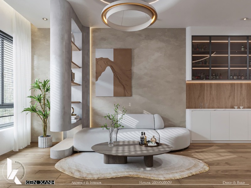 Phòng khách hiện đại với sofa trắng thanh lịch, kết hợp tường sơn hiệu ứng