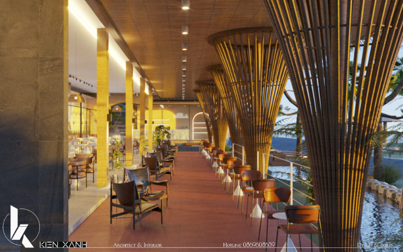 Không gian thưởng thức cafe cạnh hồ nước mát mẻ